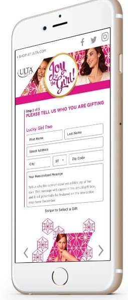 Step 2 of the gifting flow on mobile, entering a recipient's shipping details and a personalized message, then swiping to select a gift