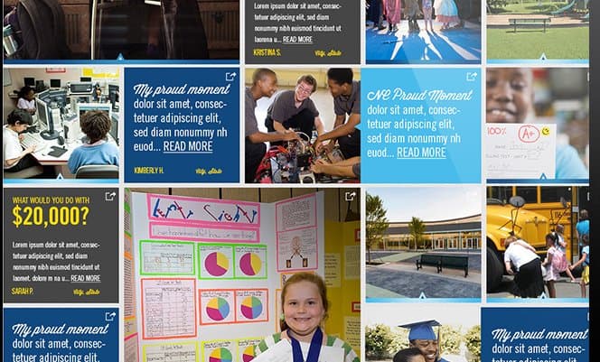 The Proud Moments wall, a mosaic grid mixing user-submitted photos, quote cards, and prompt cards