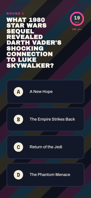 A trivia question on a player's phone in the 80s decade theme, still carrying the same diagonal-stripe background