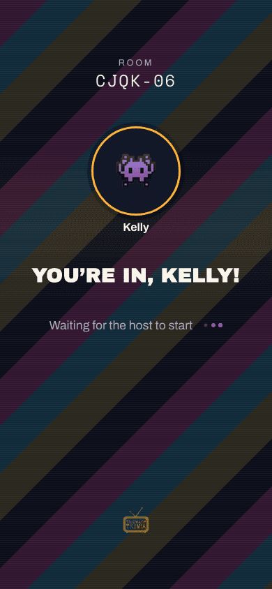 A player's phone in the 80s decade theme, showing a magenta and gold diagonal-stripe background while waiting for the host to start