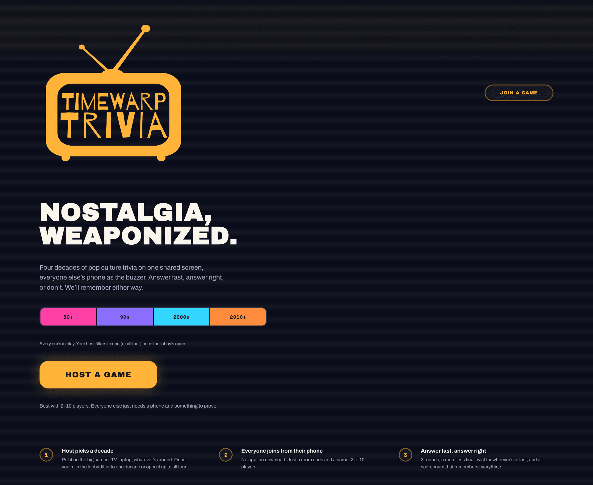 The TimeWarp Trivia landing page, with a decade filter strip for the 80s through 2010s and Host a Game / Join a Game buttons