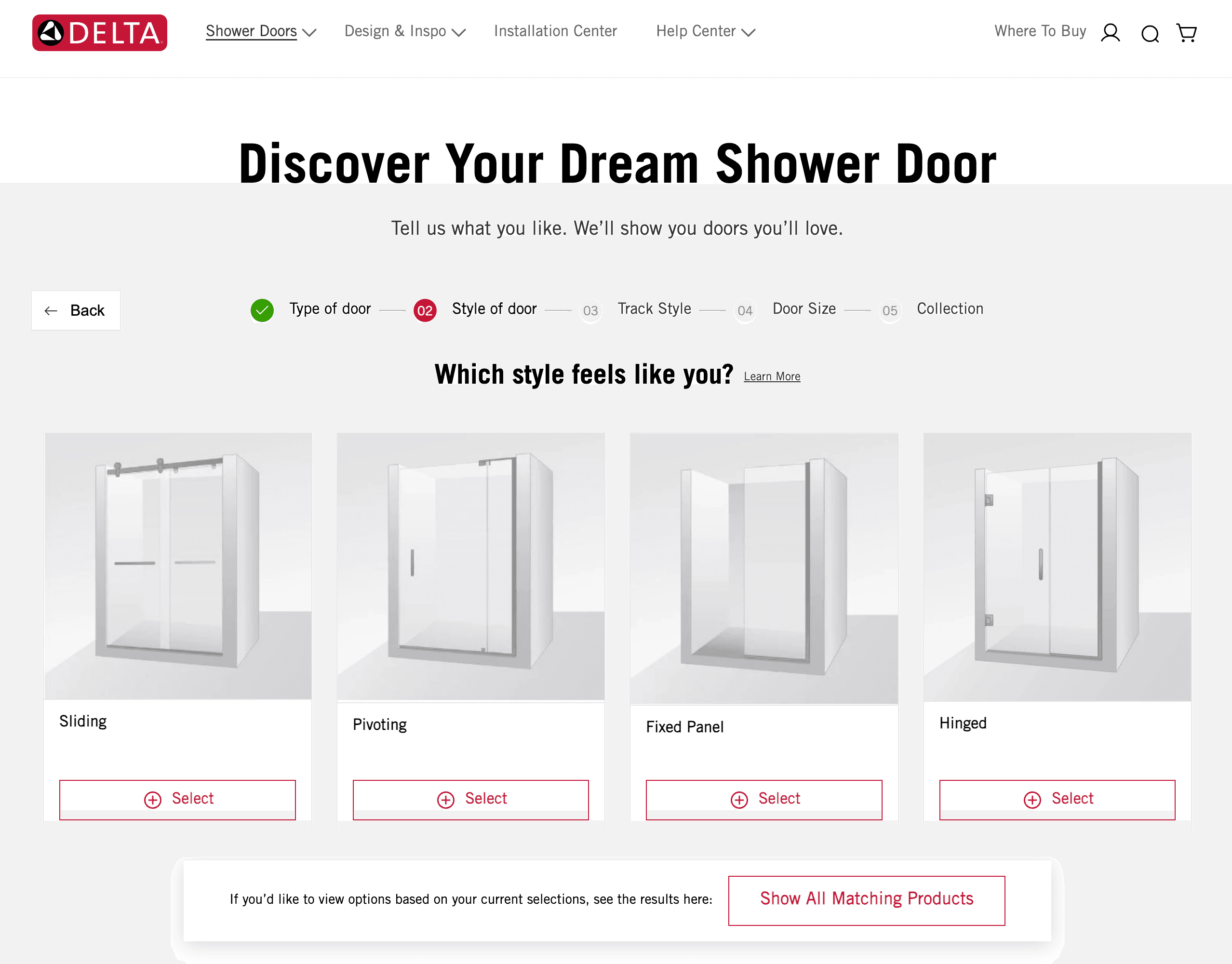Redesigned Shower Door Finder Tool on desktop, showing the step indicator and explicit "Select" buttons beneath each door style