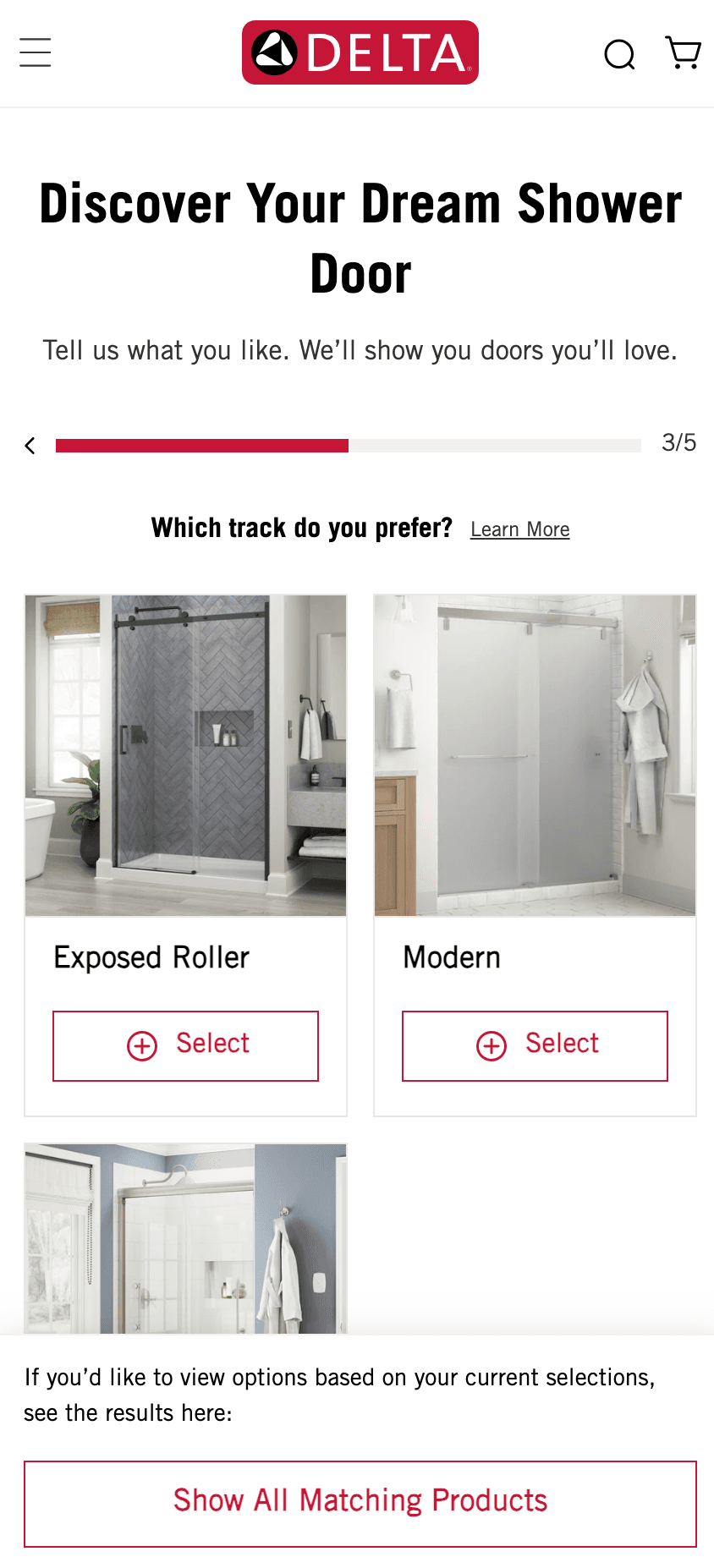 Redesigned Shower Door Finder Tool on mobile, showing the condensed progress bar and "Select" buttons beneath each track style