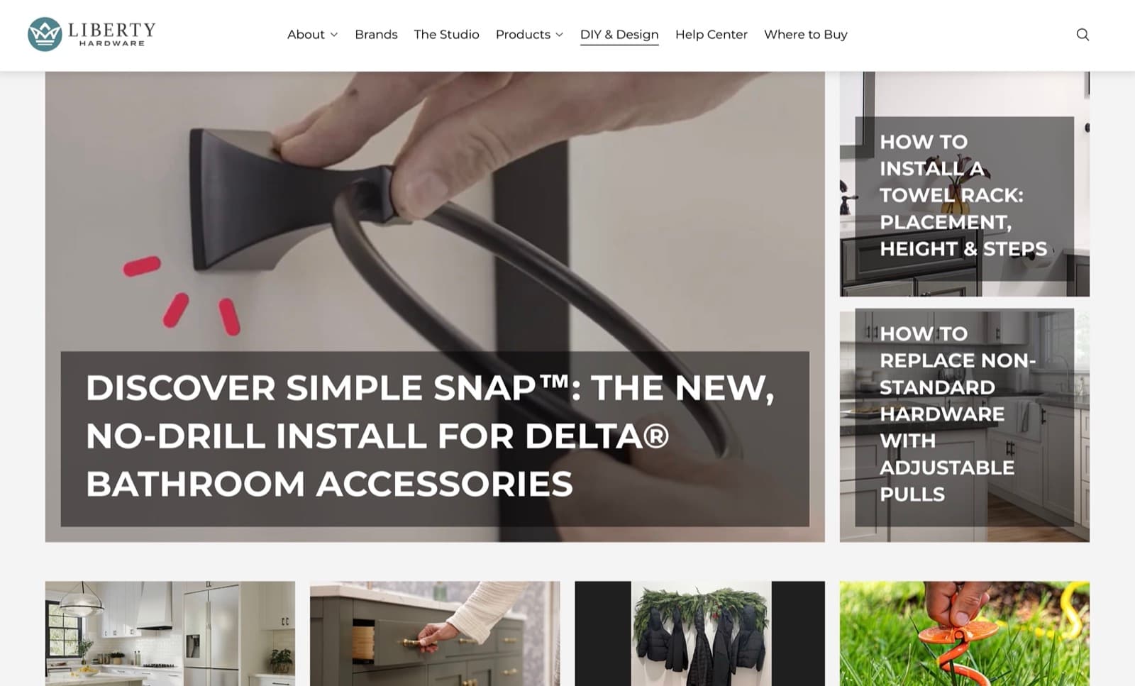 Liberty Hardware DIY & Design content hub, featuring a Simple Snap installation article alongside related how-to guides