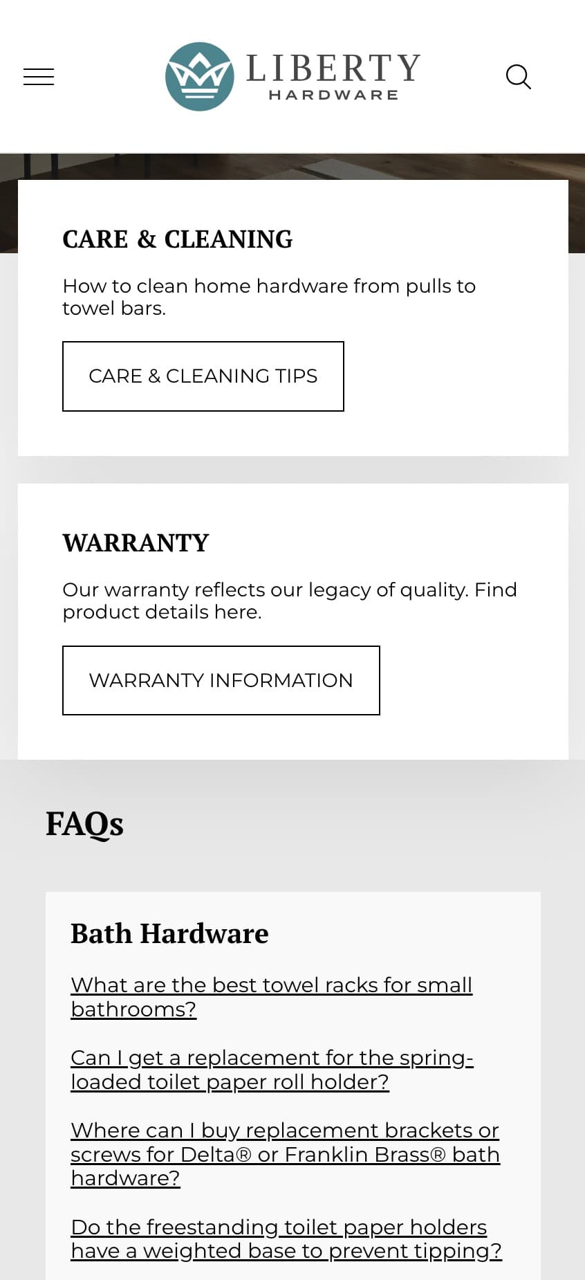 Liberty Hardware Help Center on mobile, showing Care & Cleaning, Warranty, and FAQ sections
