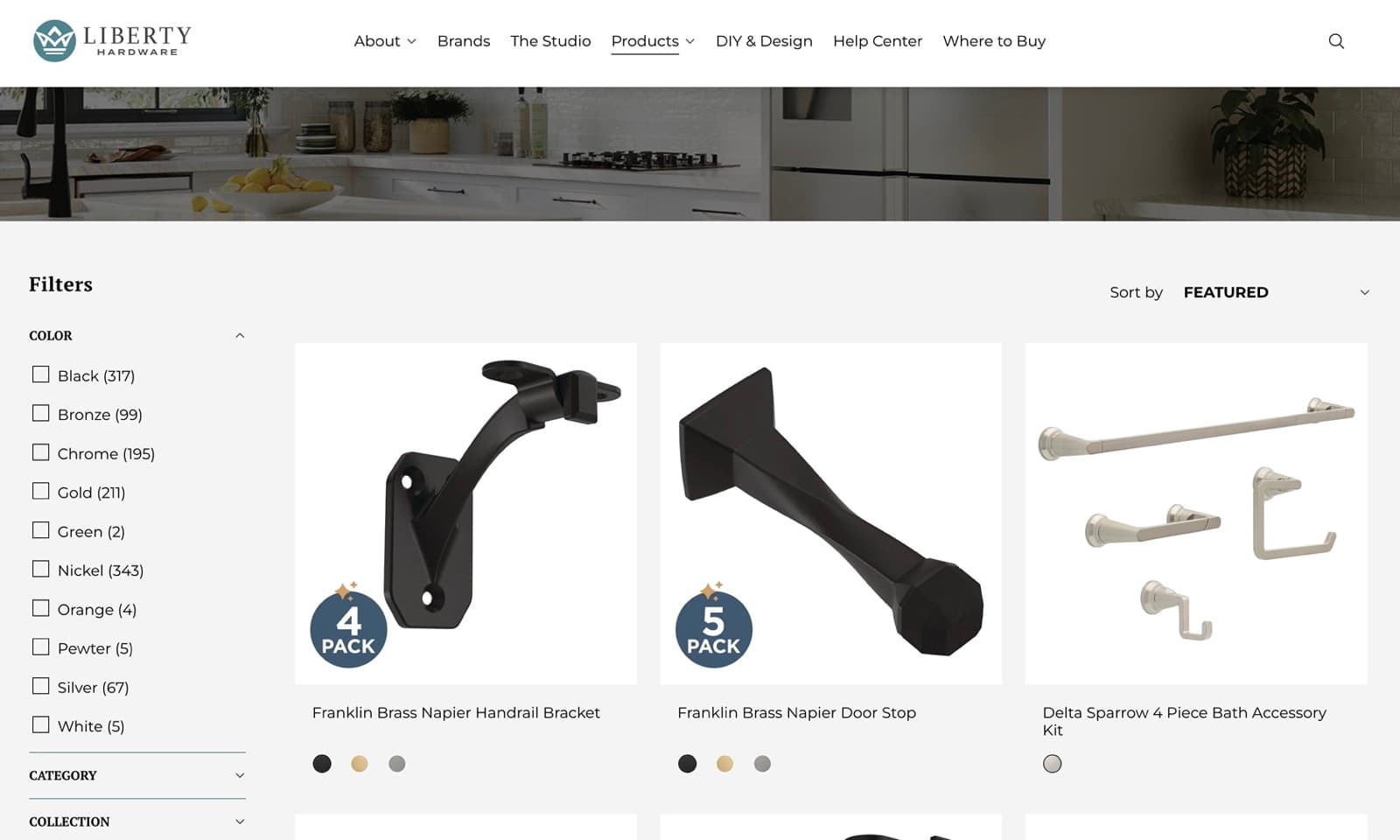 Liberty Hardware product listing page with faceted color and category filters in the sidebar