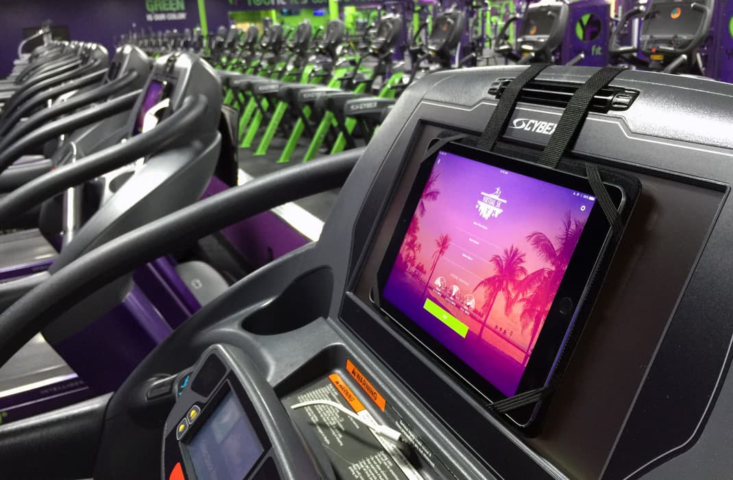 Tablet mounted on a YouFit treadmill displaying the Virtual 5K app's standby screen before the race